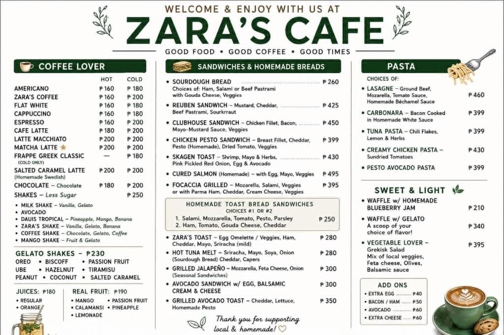 Zara's Cafe menu featuring coffee, sandwiches, pasta, shakes, and gelato